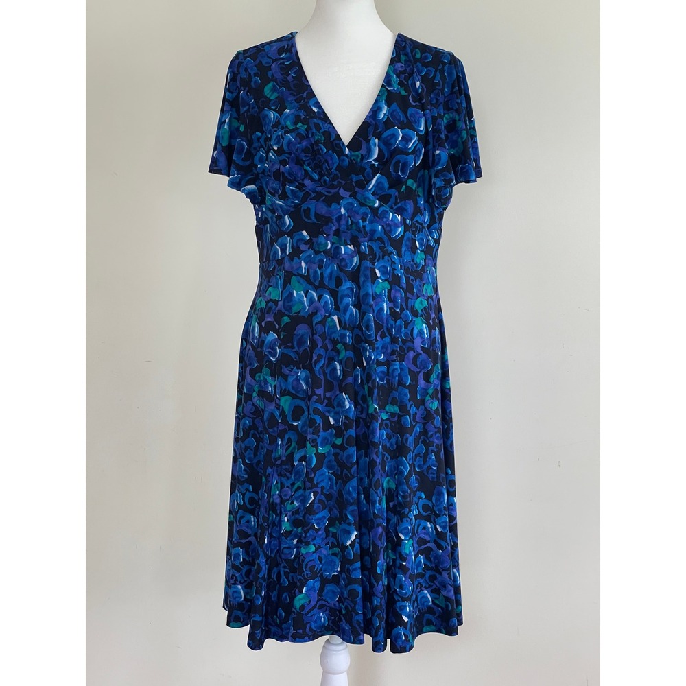 Chaps Petite Blue Teal Abstract Floral V-Neck A-Line Jersey Dress PL